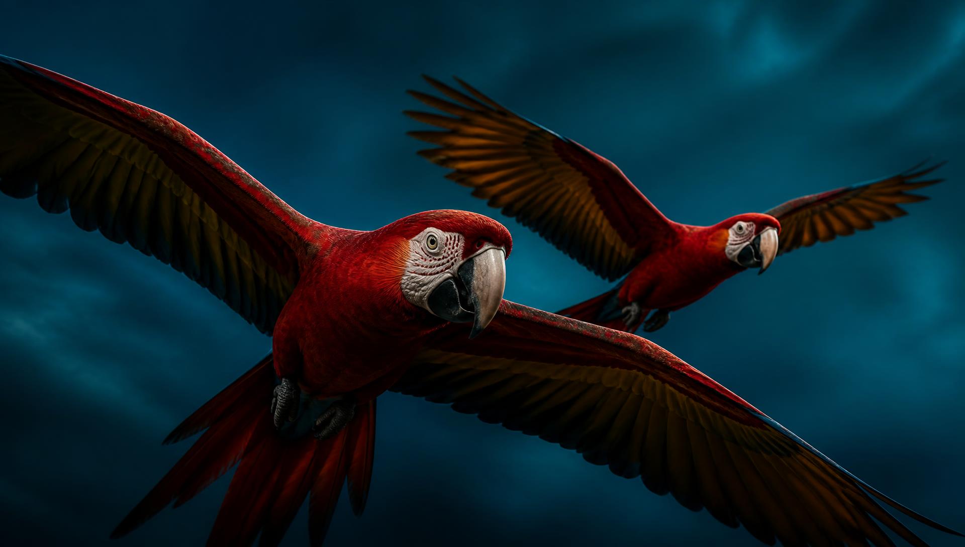 Two scarlet macaws in flight